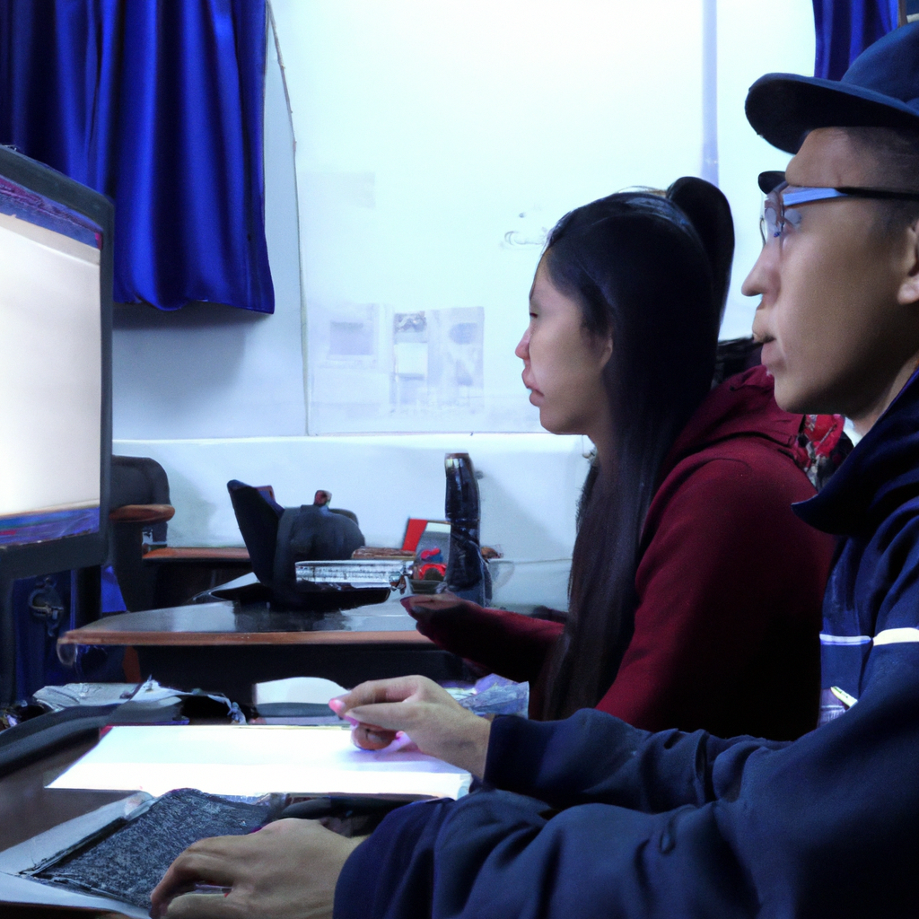 Estudiantes en Lima aprendiendo gestión de medios con gráficos en pantallas.